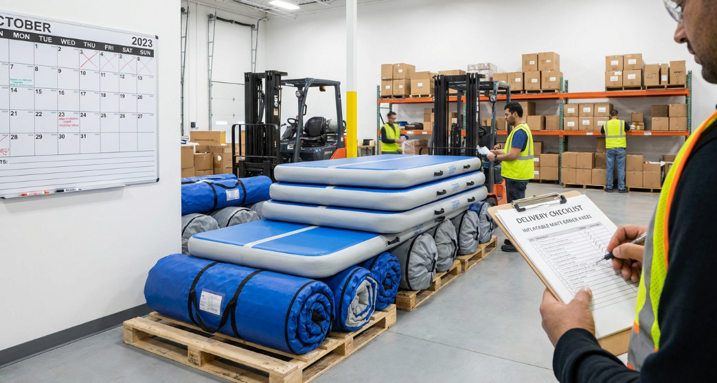 scheduled delivery of inflatable gymnastics mats