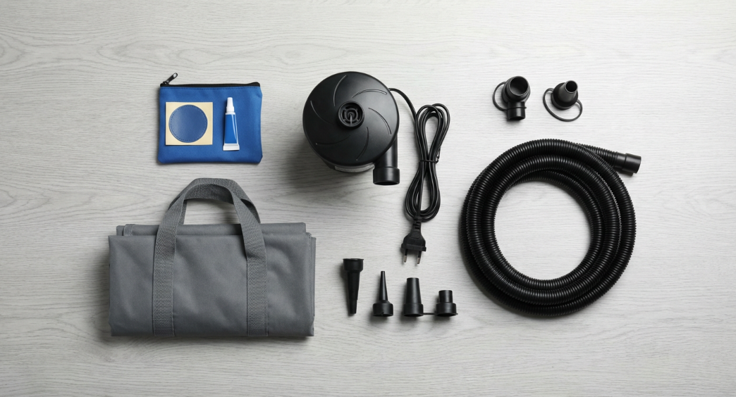Accessories included with a blow-up gymnastics mat such as pump and repair kit