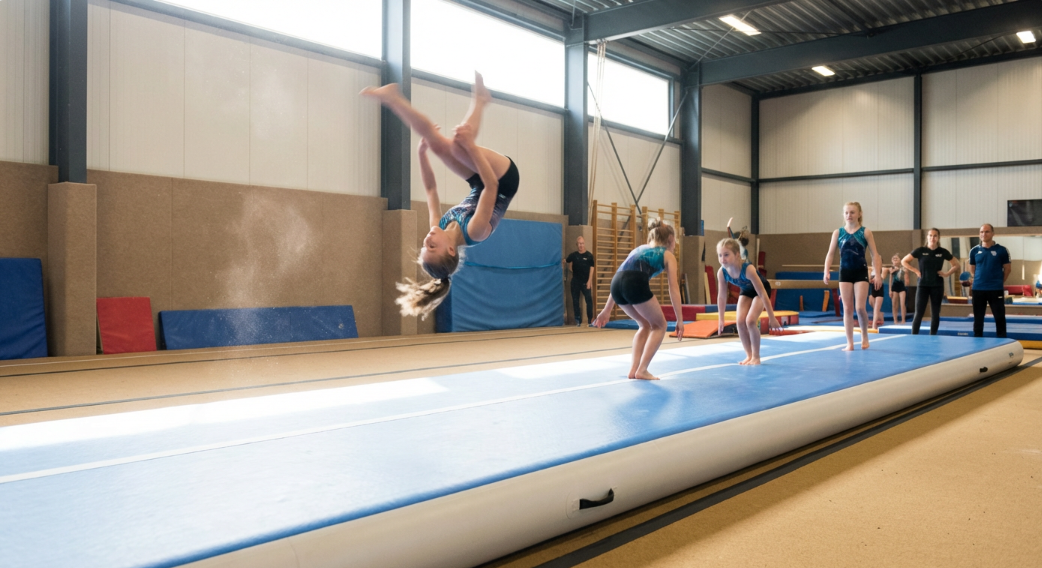 Air track gymnastics mat providing shock absorption and safe tumbling performance