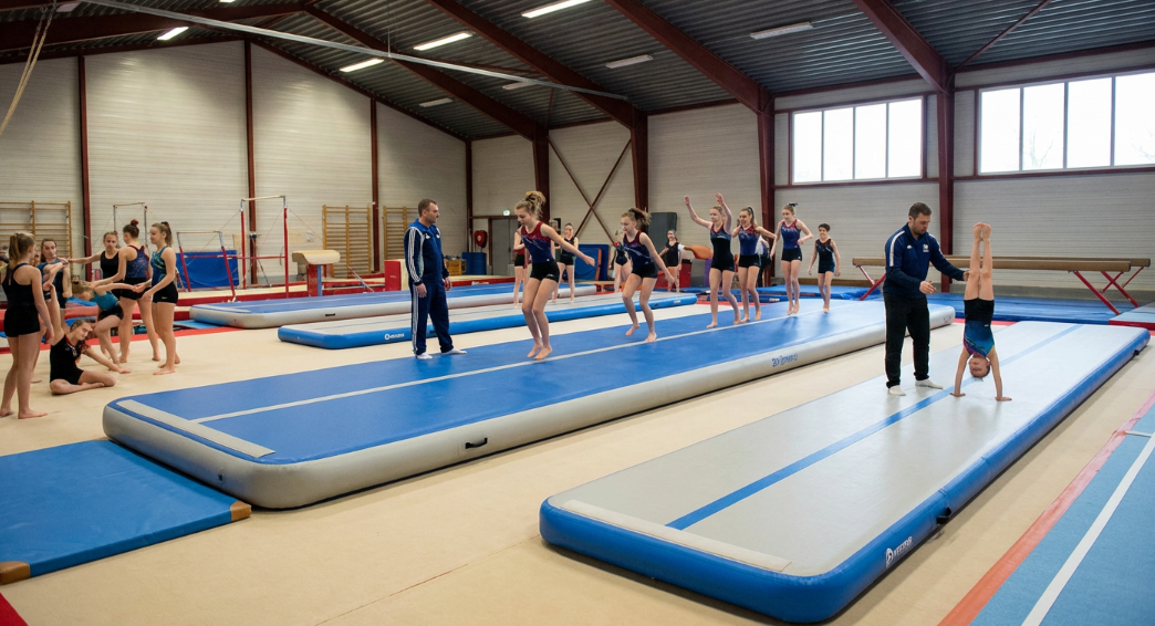 Commercial gym using blow-up gymnastics mats for safe multi-athlete training