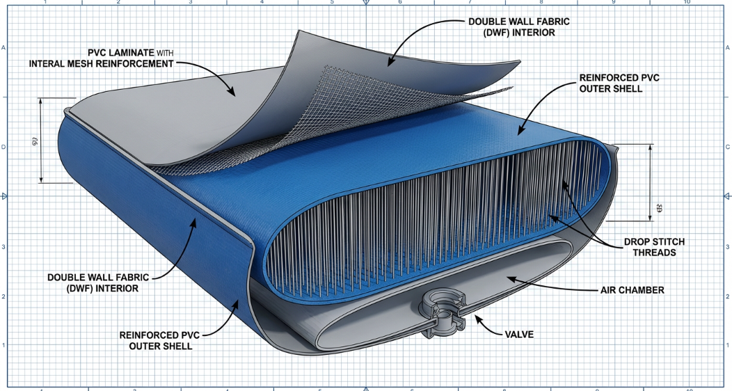 Double wall fabric and reinforced PVC structure of a professional air track mat