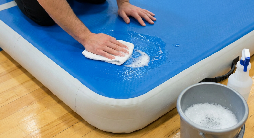 Accessories included with a blow-up gymnastics mat such as pump and repair kit