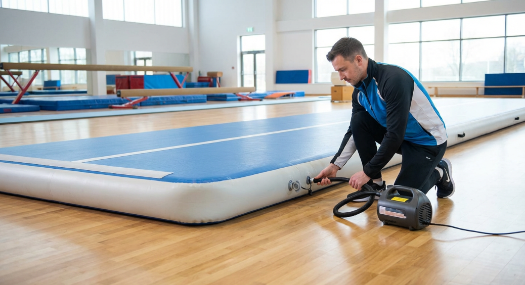 Inflating a blow-up gymnastics mat using an electric air pump
