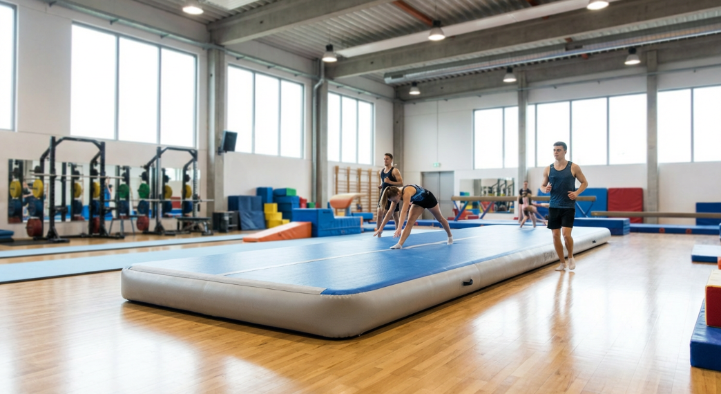 Professional blow-up gymnastics mat used in a modern gym training environment