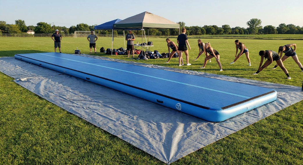 Blow-up gymnastics mat used outdoors on grass with protective underlayment