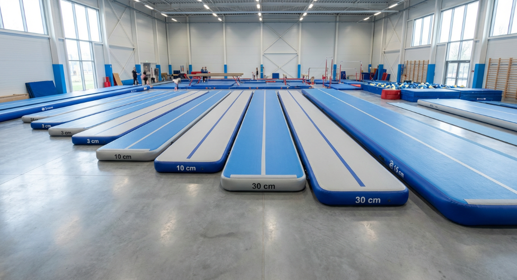 Different sizes and thickness options of blow-up gymnastics mats in a gym