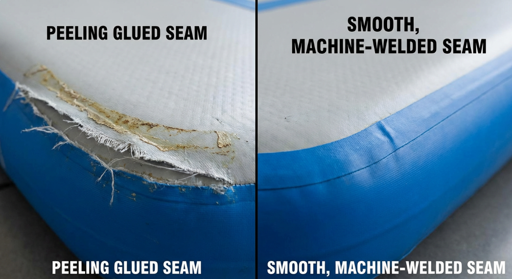 glued vs heat welded seams on inflatable gymnastics mats