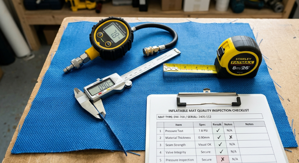 Quality control inspection tools including a digital pressure gauge, calipers, and tape measure resting on DWF material