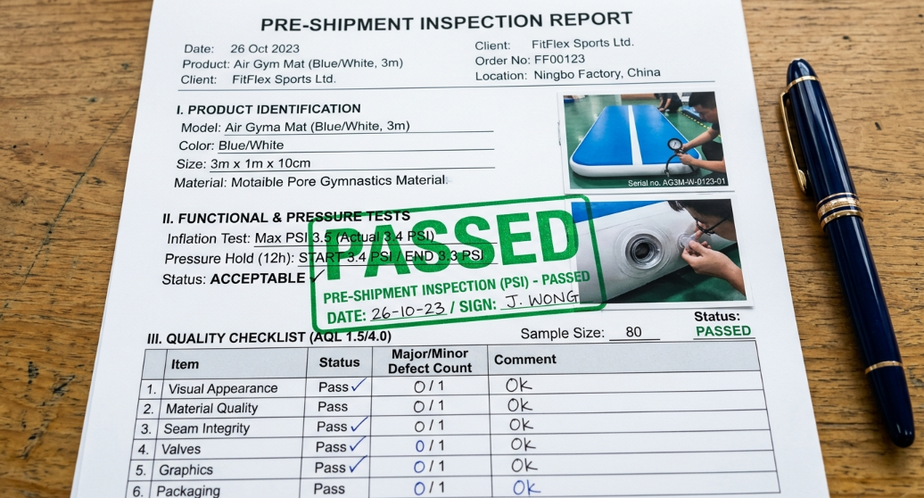 A passed Pre-Shipment Inspection (PSI) report document detailing AQL results for an imported gymnastics mat.