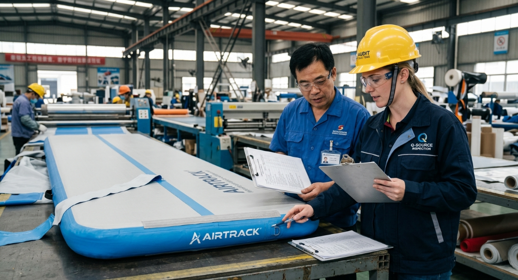 Third-party factory auditor verifying manufacturing and quality control procedures with a facility manager