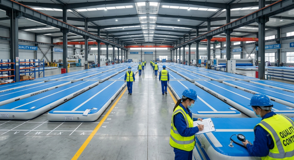 inflatable gymnastics mats lined up on the factory floor