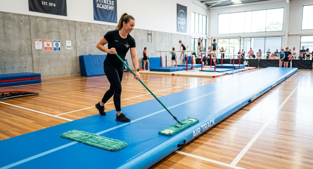 Gym staff performing routine weekly maintenance by mopping an inflatable gymnastics mat