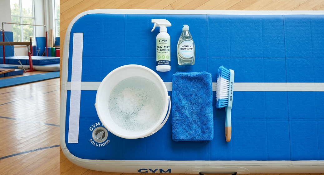 Safe cleaning tools for PVC inflatable gymnastics mats including a microfiber towel, mild soap, and a soft brush