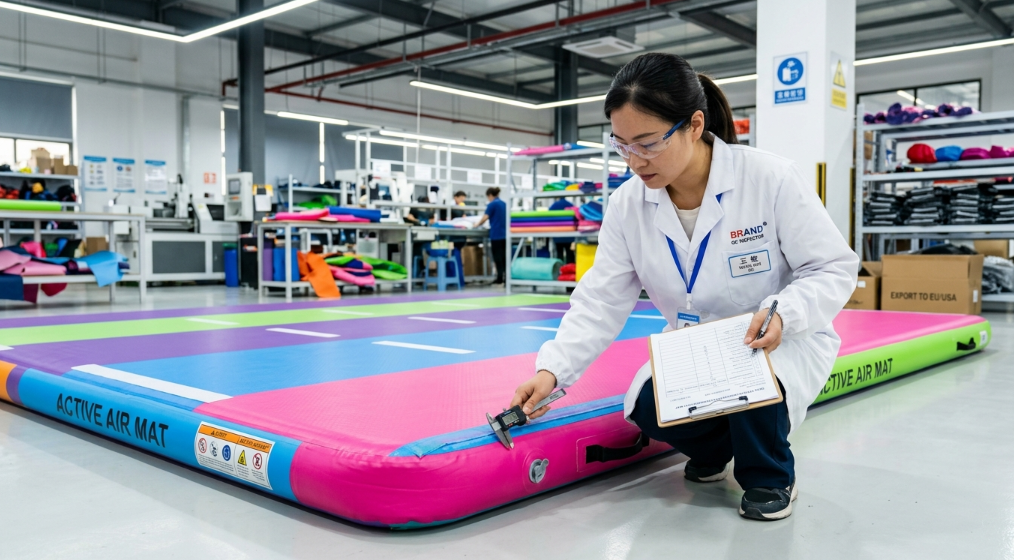 Quality inspector examining a wholesale inflatable gymnastics mat for safety in a clean factory