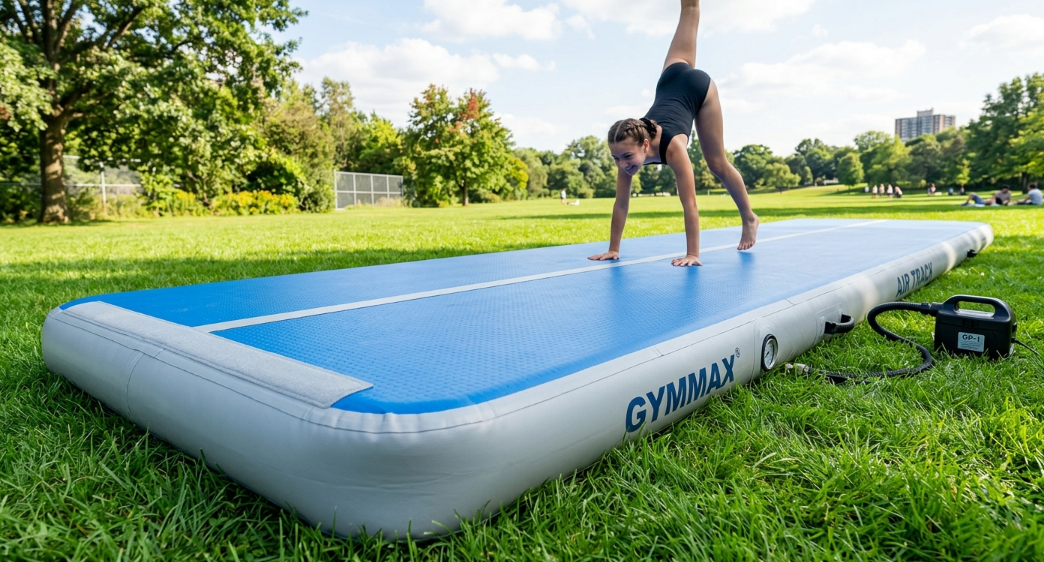 durable outdoor inflatable gymnastics mat on grass with uv protection and heat welded seams