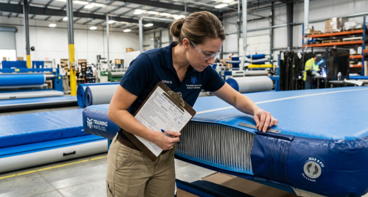 Quality inspector checking the drop-stitch PVC material of an inflatable wrestling mat in a factory setting