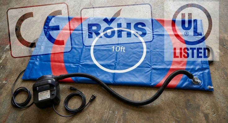 Essential import certifications including CE, REACH, and UL for inflatable sports equipment and air pumps