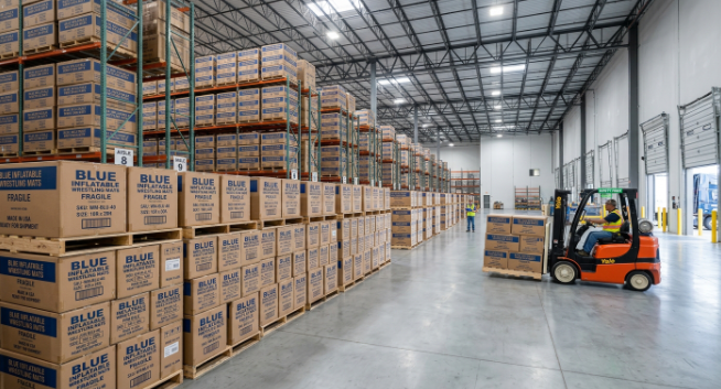 Warehouse showing adequate production capacity and storage for bulk inflatable wrestling mat orders
