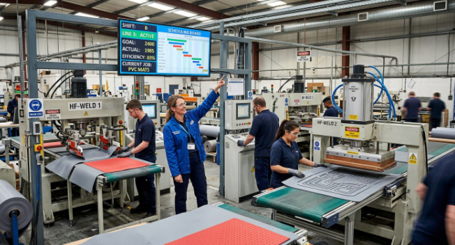 Chinese factory manager coordinating scalable production for a sudden increase in inflatable mat demand