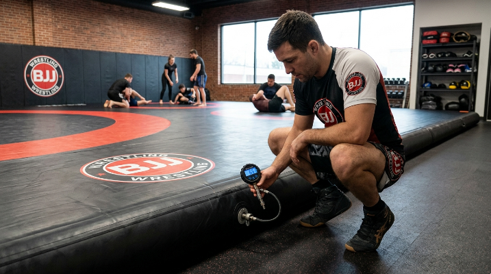 Checking the PSI of an inflatable wrestling mat to ensureChecking the PSI of an inflatable wrestling mat to ensure uniform thickness and performance
