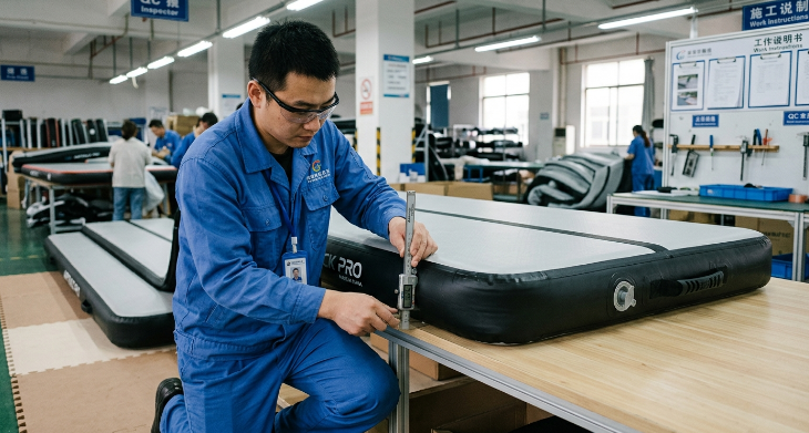 Quality control inspector measuring the thickness of an inflatable training mat with digital calipers