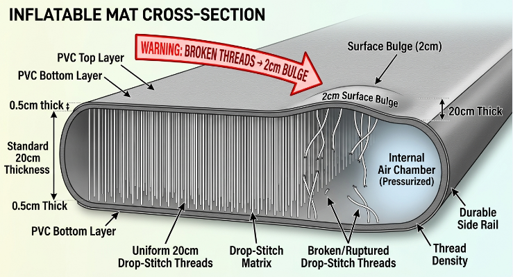 Diagram explaining acceptable vs. defective thickness tolerance in DWF drop-stitch materials