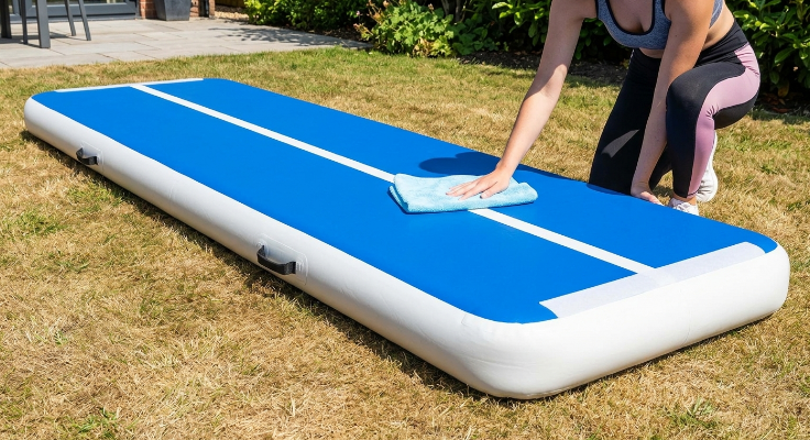 Step-by-step visual guide on properly towel-drying and deflating a waterproof gymnastics air track to prevent mold