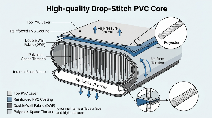 Cross-section diagram showing the internal polyester threads of a drop-stitch PVC core used by top OEM air track manufacturers