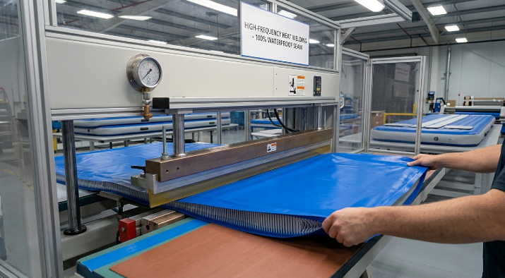 High-frequency heat welding process melting two layers of PVC tarpaulin to create a 100% waterproof air track seam