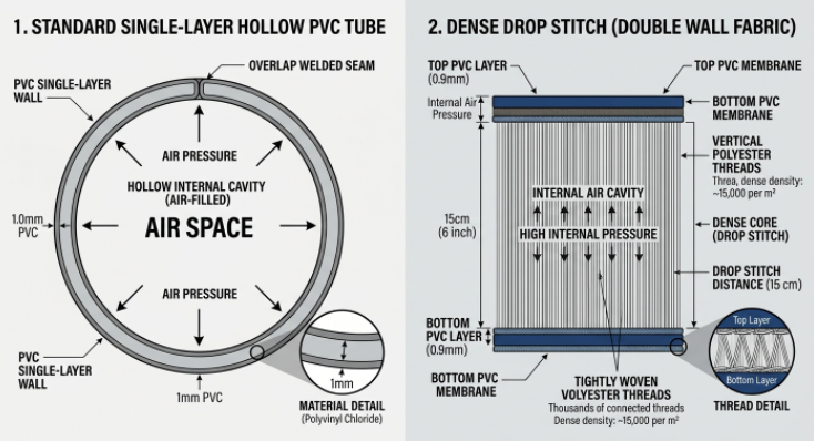 technical comparison of standard hollow pvc vs drop stitch double wall fabric engineering