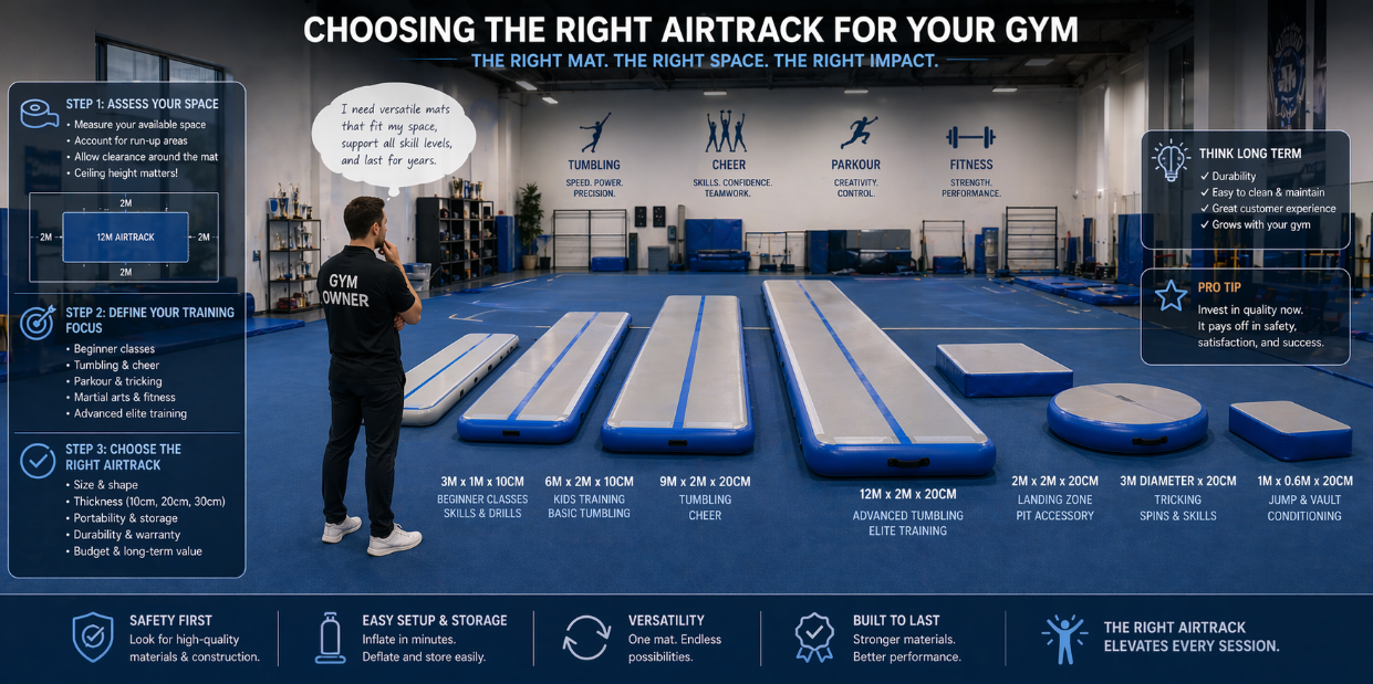 usiness owner choosing the right airtrack size based on available gym space