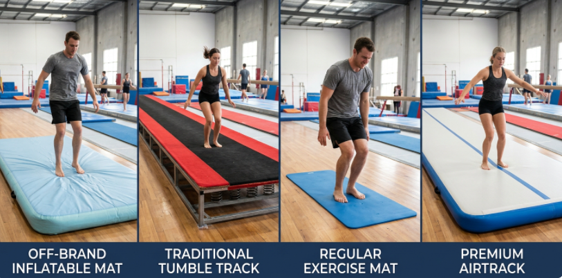 Airtrack comparison with off-brand mats, tumble track, and regular exercise mat