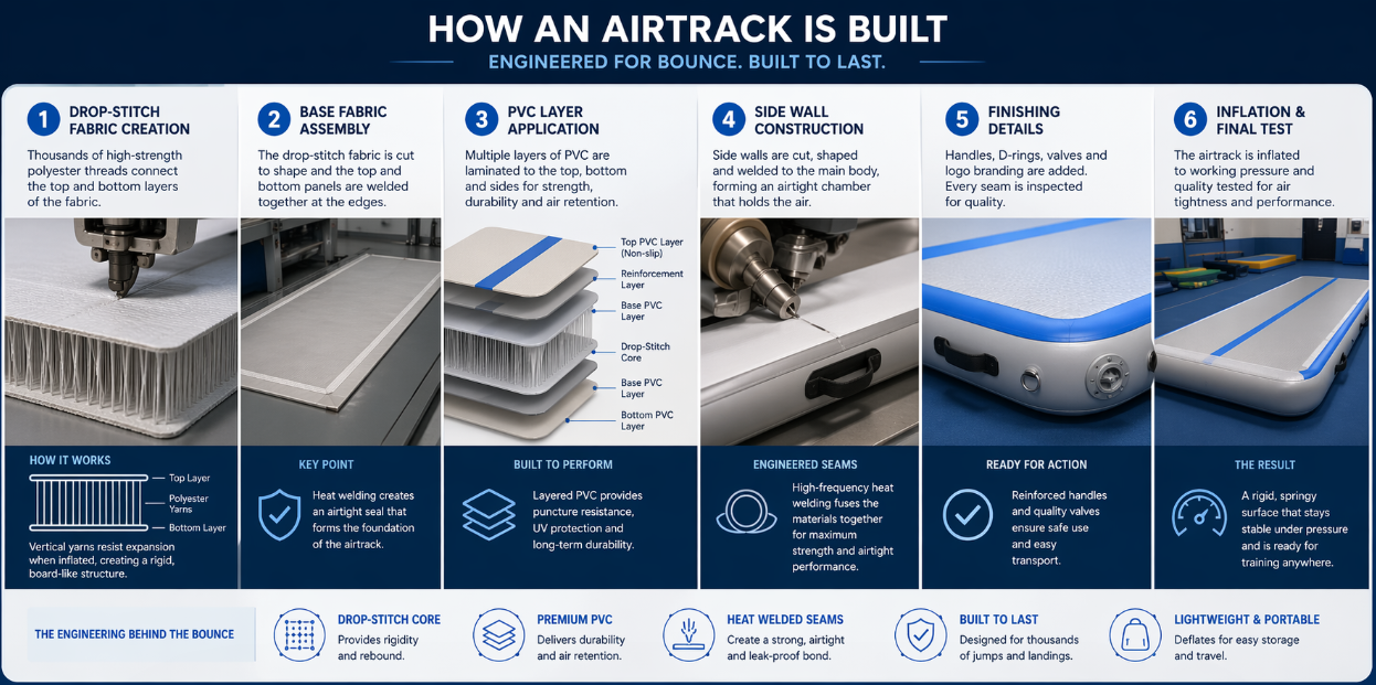 Airtrack manufacturing process with drop-stitch fabric, PVC coating, and inflation testing