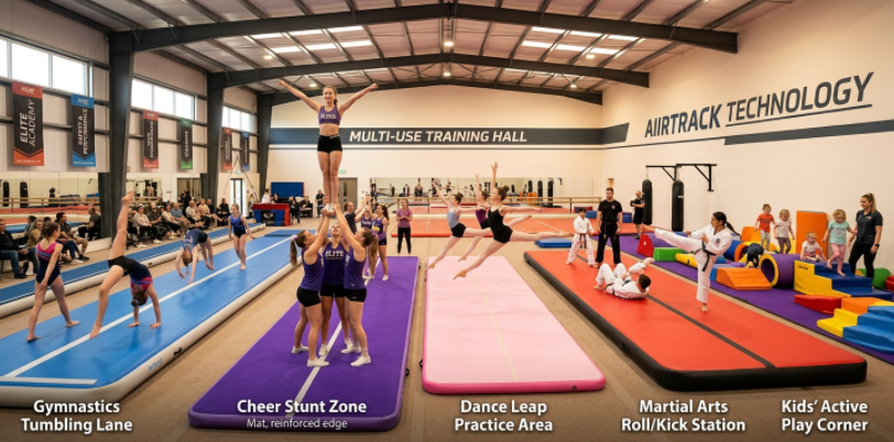 Airtrack applications across gymnastics, cheer, dance, martial arts, and kids fitness