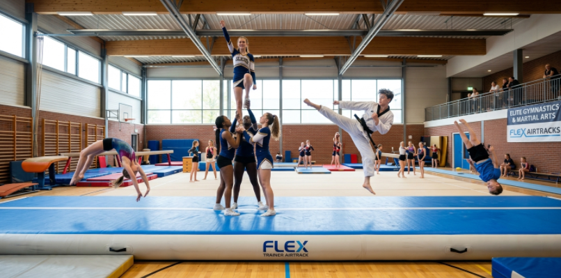 Airtrack mat in a modern gym used for gymnastics, cheerleading, and martial arts training