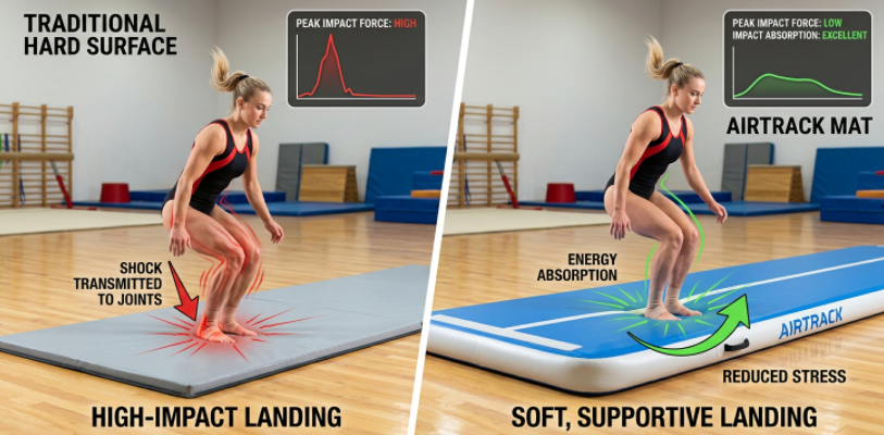 Airtrack landing impact comparison showing better cushioning than hard training surfaces