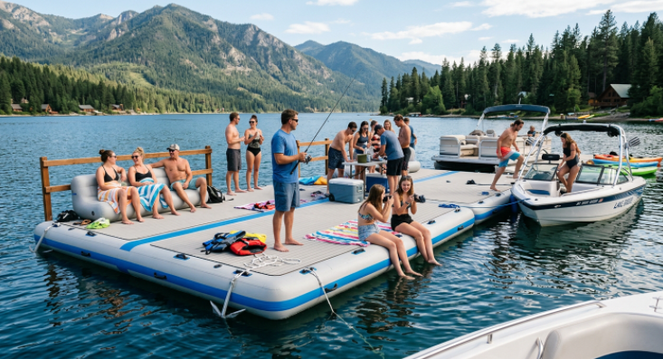 Inflatable dock used as stable floating platform for water activities