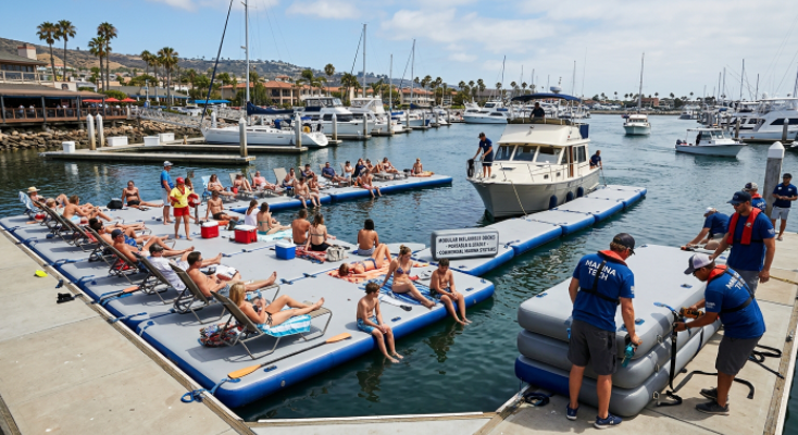 Inflatable floating docks used at marina for leisure, docking, and commercial activities