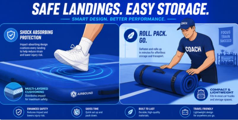 Benefits of air tracks including impact reduction and easy storage for gyms