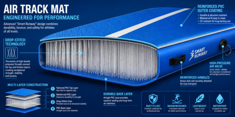 Internal cross-section of air track drop-stitch and double wall fabric technology
