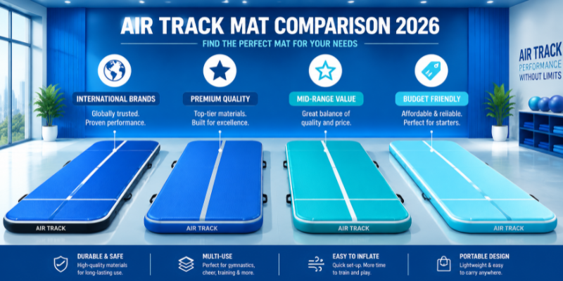 Comparison layout of different air track mat brands and quality levels for 2026