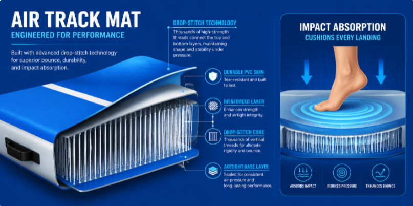 Illustration of air track mat drop-stitch technology and impact absorption.