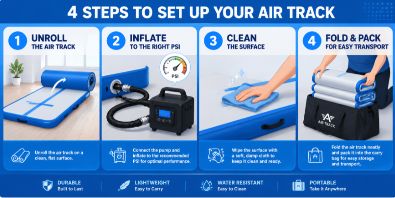 Step-by-step guide for air track setup inflation and cleaning maintenance