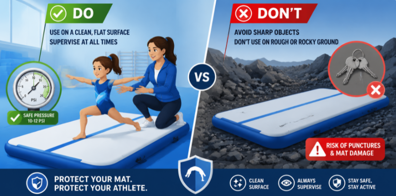 Safety tips for gymnastics air tracks showing proper use and common hazards