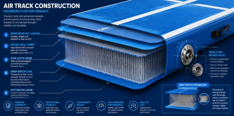 Technical cross-section illustration of air track construction showing internal drop-stitch threads and PVC layers