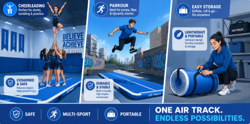 Multi-panel illustration showing the benefits of air tracks for cheerleading, parkour, and easy storage