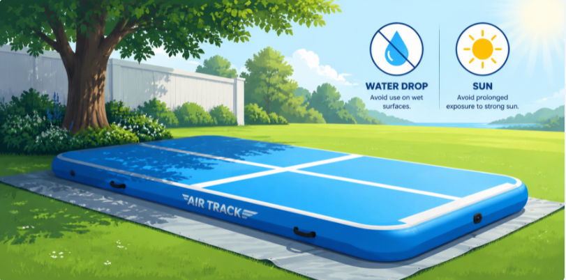 An inflatable gymnastics air track set up safely on an outdoor grass lawn