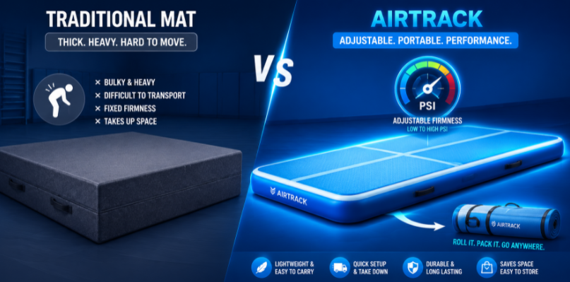 Comparison illustration between a bulky traditional foam mat and an adjustable, portable inflatable air track