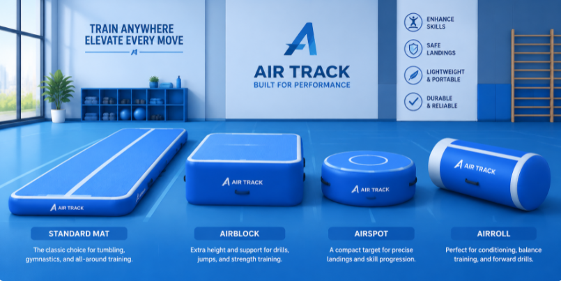 A variety of air track types including standard mats, blocks, spots, and rolls for specialized gymnastics training