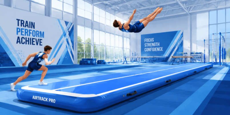 A gymnast performing a high flip on a long blue inflatable air track in a professional modern gym